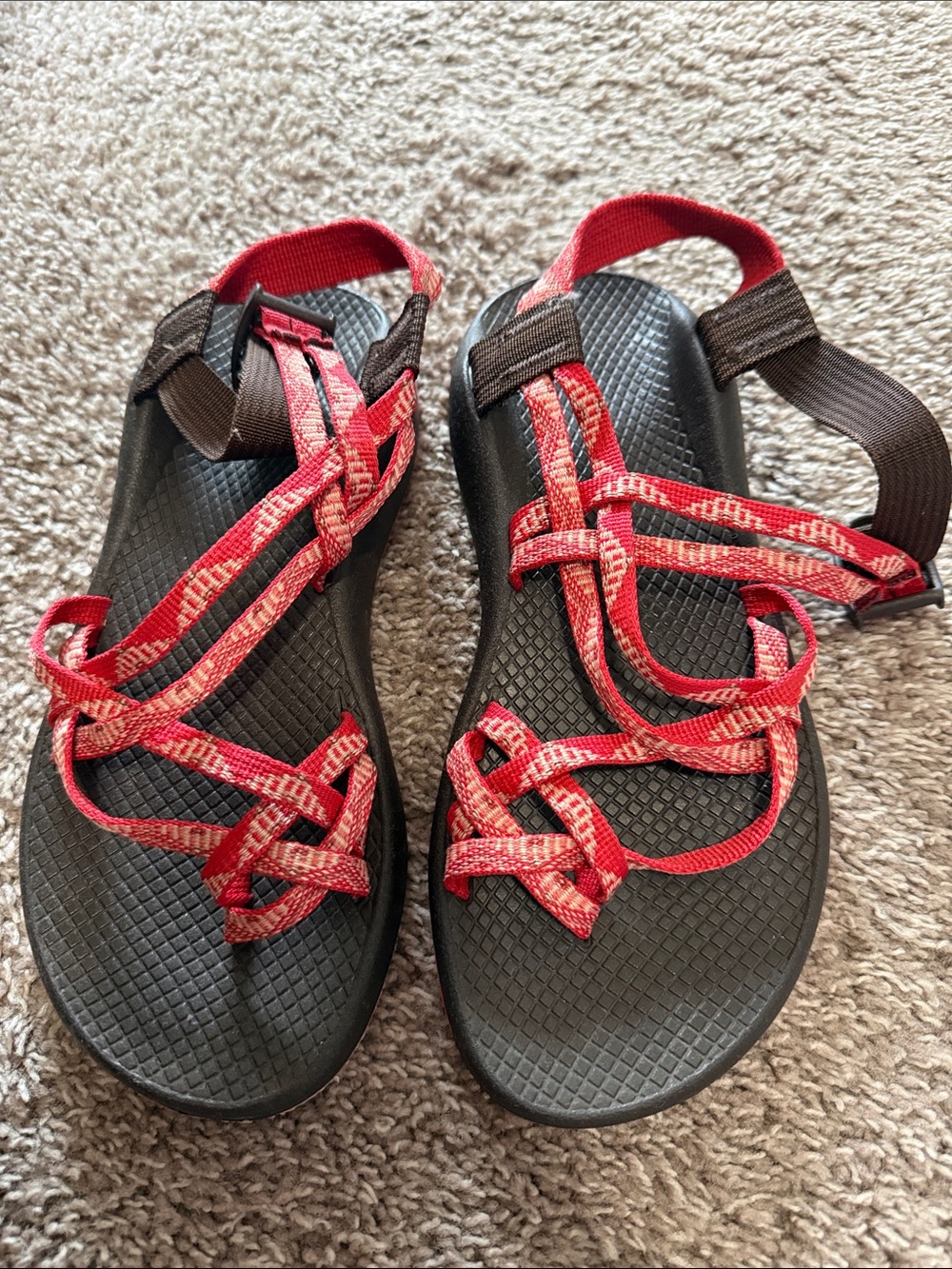 Red Strap Brown Footbed Chaco Sandals